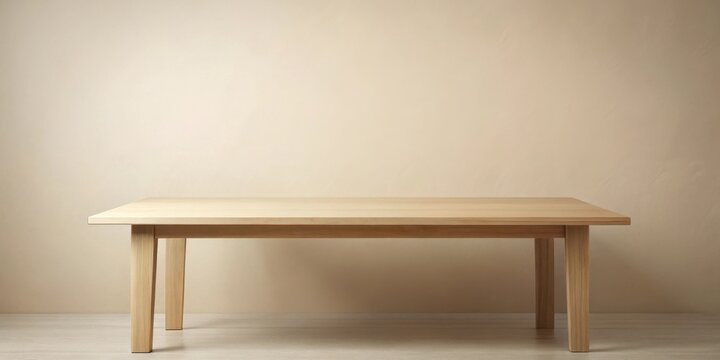 A simple, light oak rectangular table stands alone against a pale, neutral wall, ready for display