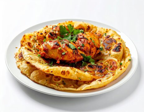 Traditional Indian chicken masala gravy served over flaky parotta flatbread side view
