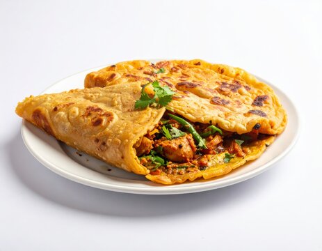 Traditional Indian chicken masala gravy served over flaky parotta flatbread side view