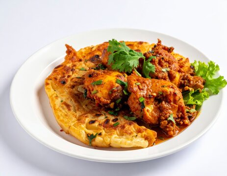 Traditional Indian chicken masala gravy served over flaky parotta flatbread side view