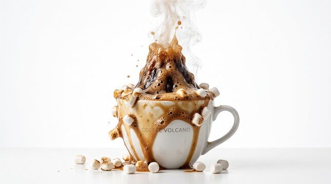Exploding coffee volcano in white ceramic mug, hot chocolate eruption with marshmallows and steam, creative food art splash photography isolated PNG with Transparent Background