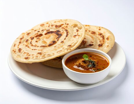 Traditional South Indian parotta served with spicy chicken gravy in a white ceramic bowl