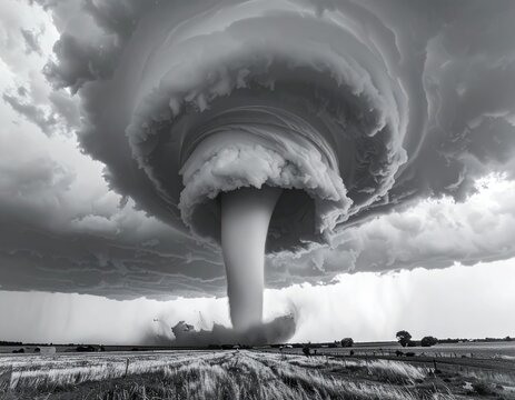 Massive, powerful funnel cloud descends from stormy skies over a flat, rural landscape