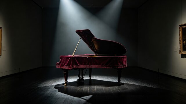 A museum gallery with a single harpsichord covered in velvet under a dramatic spotlight.