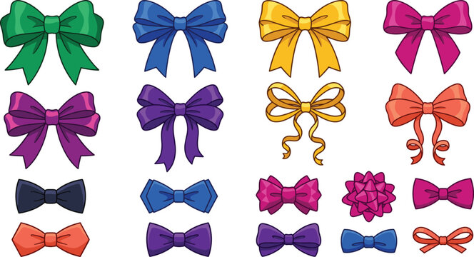 Colorful satin ribbon bow and bowtie vector illustration set featuring decorative knots for gift wrapping and fashion isolated on white background