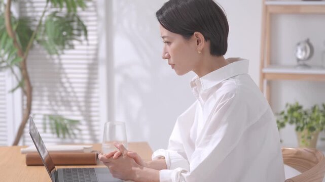 テレワーク　オンライン　女性　パソコン　打ち合わせ