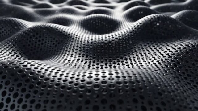 3D wavy black perforated surface with hexagonal hole patterns.