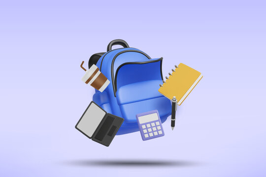 3d vector render of a blue school backpack bag with floating educational stationery supplies laptop calculator notebook pen and coffee cup isolated on purple background for back to school concept