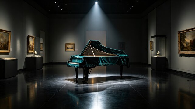 A museum gallery with a single harpsichord covered in velvet under a dramatic spotlight.