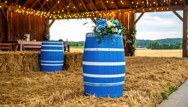 Blue barrels with floral arrangements sit on hay inside a rustic barn