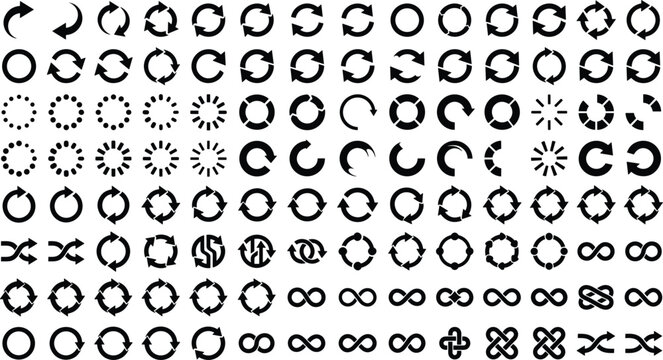  Interface Refresh and Rotate Arrow Icon Sheet featuring Solid Black Loop Cycle Infinity Loading Buffering Progress Indicators and Repeat Vector Design Elements