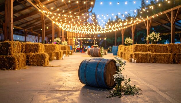 Rustic barrel and hay bale decor under twinkling string lights