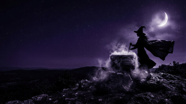 Witch stirring magic potion in cauldron under moonlight. Silhouette of woman in dress and hat performing ritual on hill at night. Fantasy Halloween celebration and occult concept.