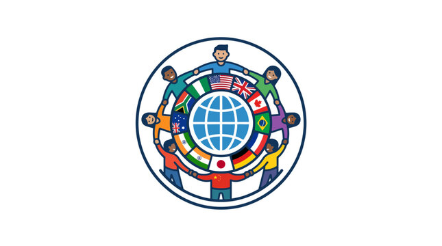 Global unity, diverse people holding hands around globe with flags, international cooperation concept