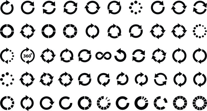  Refresh and Rotate Solid Black Arrow Icon Sheet featuring Loop Cycle Undo Reload Infinity Loading Progress and 360 Degree Sync Vector Elements