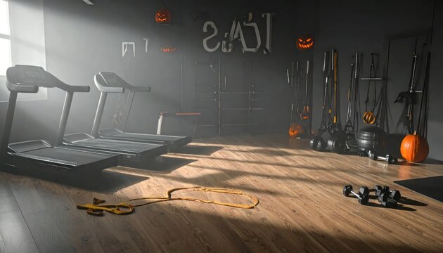 Empty home gym with treadmills and Halloween spooky decor.