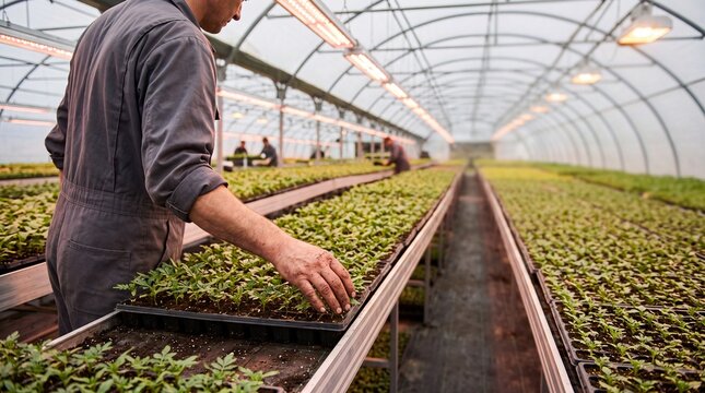 Worker in gray overalls checking green seedling trays inside large commercial greenhouse with rows of young plants representing modern agriculture industry.