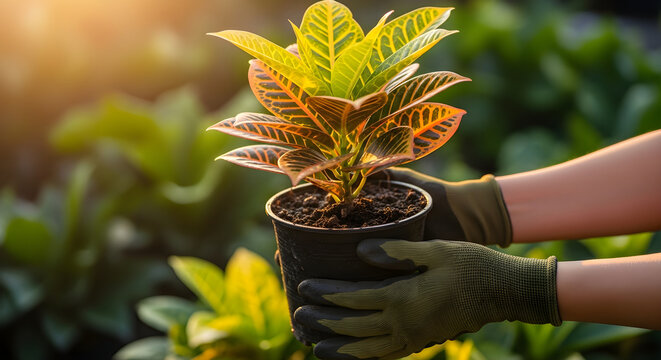 Gardener holding a potted croton plant with vibrant colorful foliage during a sunny morning in a lush greenhouse garden