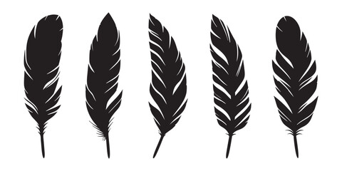 Set of Bird Feather. Pen icon. Black quill feather silhouette vector collection isolated on white background © Silhouette Zone