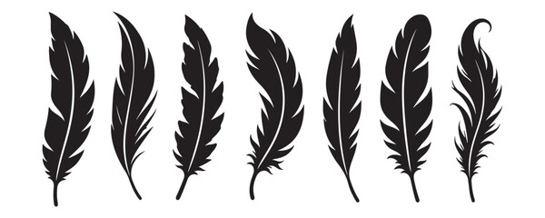 Set of Bird Feather. Pen icon. Black quill feather silhouette vector collection isolated on white background © Silhouette Zone