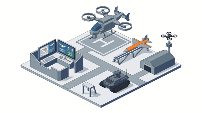 Isometric Autonomous Military Drone Base Command Center and Unmanned Warfare Defense System Vector Illustration