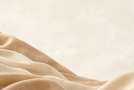 Elegant beige silk fabric waves, soft flowing satin textile background, neutral cream drapery with smooth folds for luxury product mockup