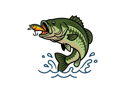 Dynamic illustration of a large bass fish leaping from the water with a colorful fishing lure in its mouth, representing the exciting concept of sport fishing and angling activity