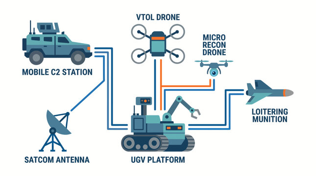 Modular Autonomous Military Defense System Infographic and Unmanned Asset Control Network Diagram