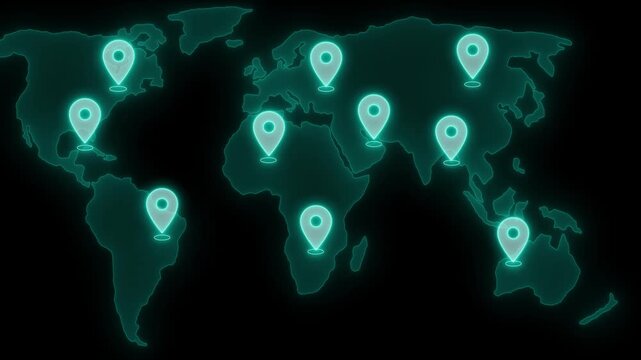 Dark stylized world map with glowing location pins marking multiple continents animation