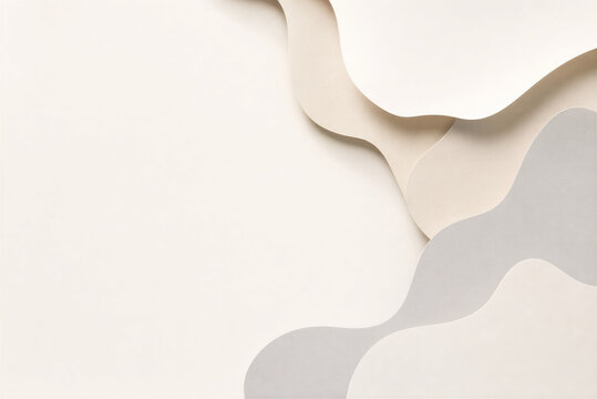 Minimalist paper cut background with organic wavy shapes, neutral beige and grey layered abstract texture, clean aesthetic backdrop for presentation
