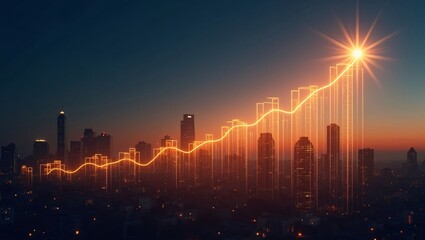 Fototapeta premium Glowing rising financial chart layered over sunset city skyline