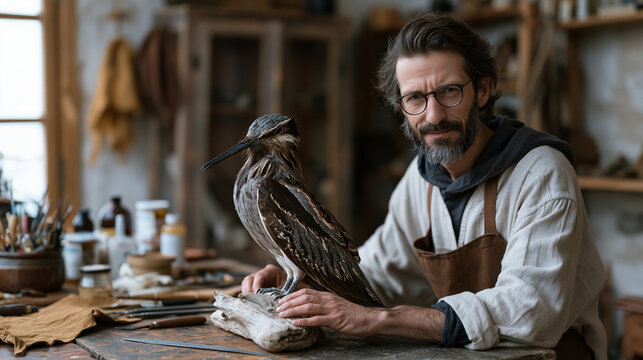 Taxidermist at a large workbench positioning a preserved bird specimen on a driftwood mount, tools and tanning supplies arranged nearby, natural history craft, museum collections,