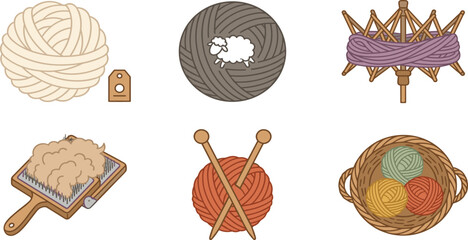 Traditional Wool Processing and Knitting Icon Set Featuring Yarn Balls, Sheep Logo, Swift Winder, Hand Carder, Basket, and Knitting Needles for Crafting Brands © MinnatunAkter