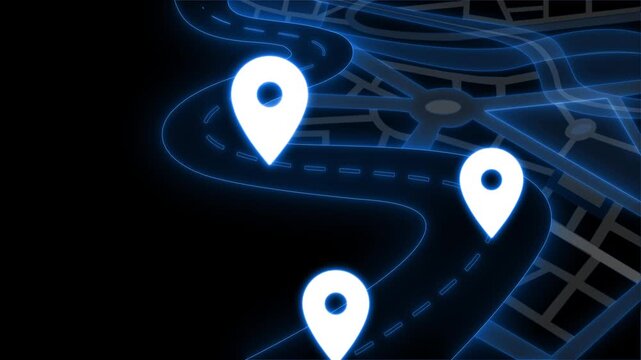 Stylized neon map with glowing route and three white location pins animation