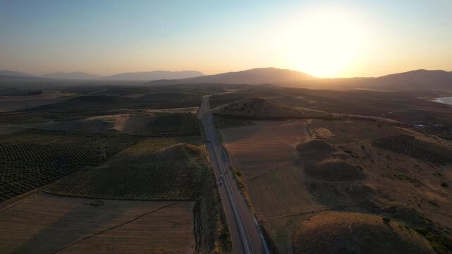 Aerial view of Lydian Tumuli of Bin Tepe at sunset, Turkiye.