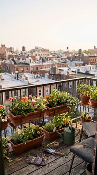 Urban balcony garden with terracotta planters of blooming flowers and herbs, green watering can and gloves on wooden deck above city rooftops at sunset.