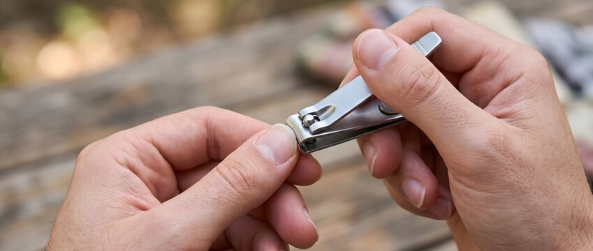Man trimming finger nails with metal clippers outdoors for personal grooming.