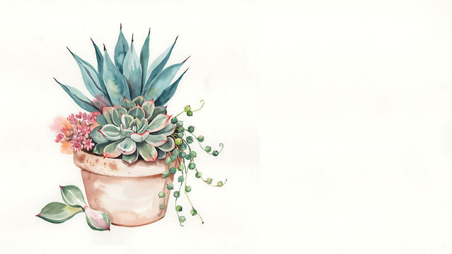Watercolor succulent plant arrangement in a terracotta clay pot isolated on a transparent background