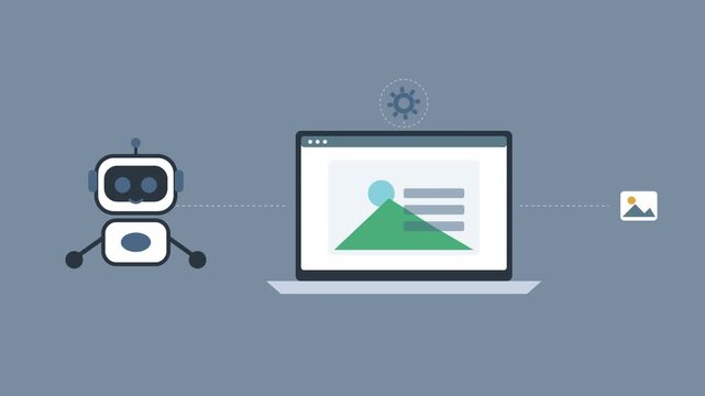 AI robot recognizing image content on a laptop, slate gray color scheme