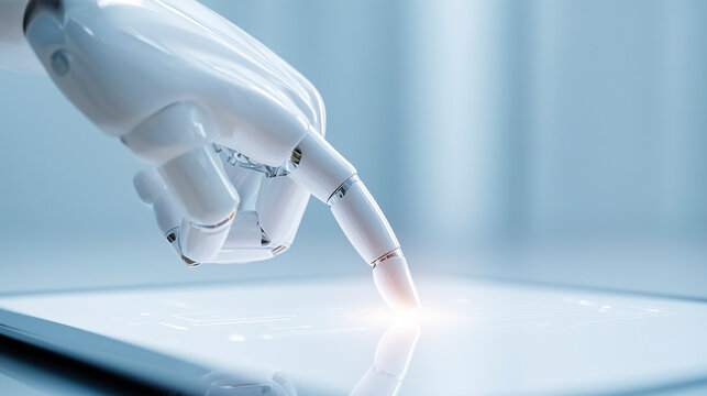 Close-up of the robotic hand's index finger touching the glowing surface of the screen.