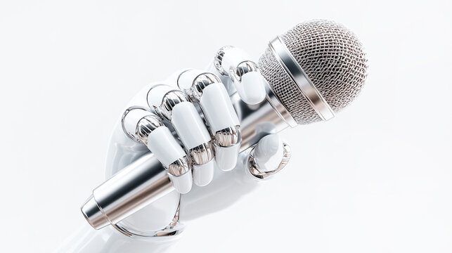 Robot hand holding a metal microphone isolated on white background.