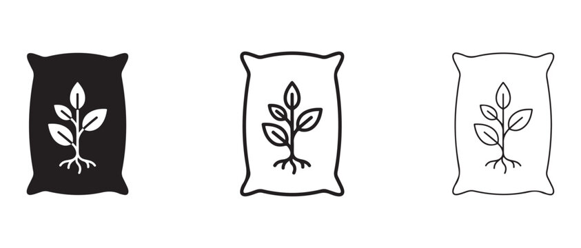 seed or fertilizer bags with plant root and sprout icons in different color variations for agricultural or gardening design