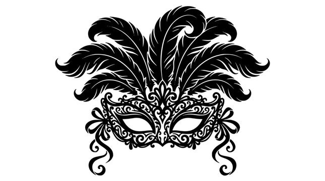 Ornate masquerade mask with luxury feathers and filigree lace patterns black silhouette vector illustration representing venetian carnival mardi gras party isolated on white background