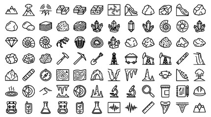 Geology and Mining Line Icon Set with Crystals Minerals Rocks Gems Fossils and Industrial Earth Science Tools for Education Apps Websites and Infographic Designs © AlviAhmed