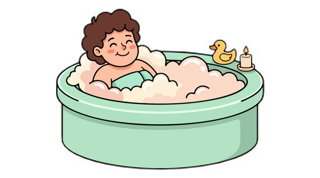 Cute cartoon character enjoying a soothing bubble bath tub with duck toy vector illustration