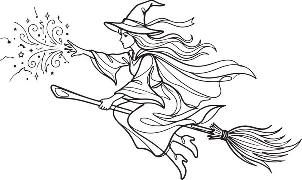 Halloween witch flying on broomstick magical illustration for spooky season celebrations and halloween decorations