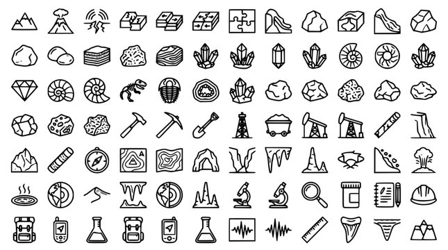 Geology and Mining Line Icon Set with Crystals Minerals Rocks Gems Fossils and Industrial Earth Science Tools for Education Apps Websites and Infographic Designs