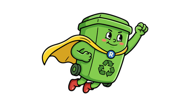 Cute cartoon green recycling bin superhero flying with cape vector illustration