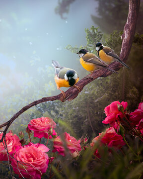 Tit birds sitting on tree branch and pink rose flowers blooming in summer misty garden, mysterious fairy tale dreamy early foggy morning background with flock of three cute songbirds perched on twig.