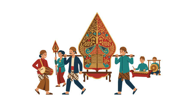 Indonesian Wayang Kulit Performance Procession with Traditional Music
